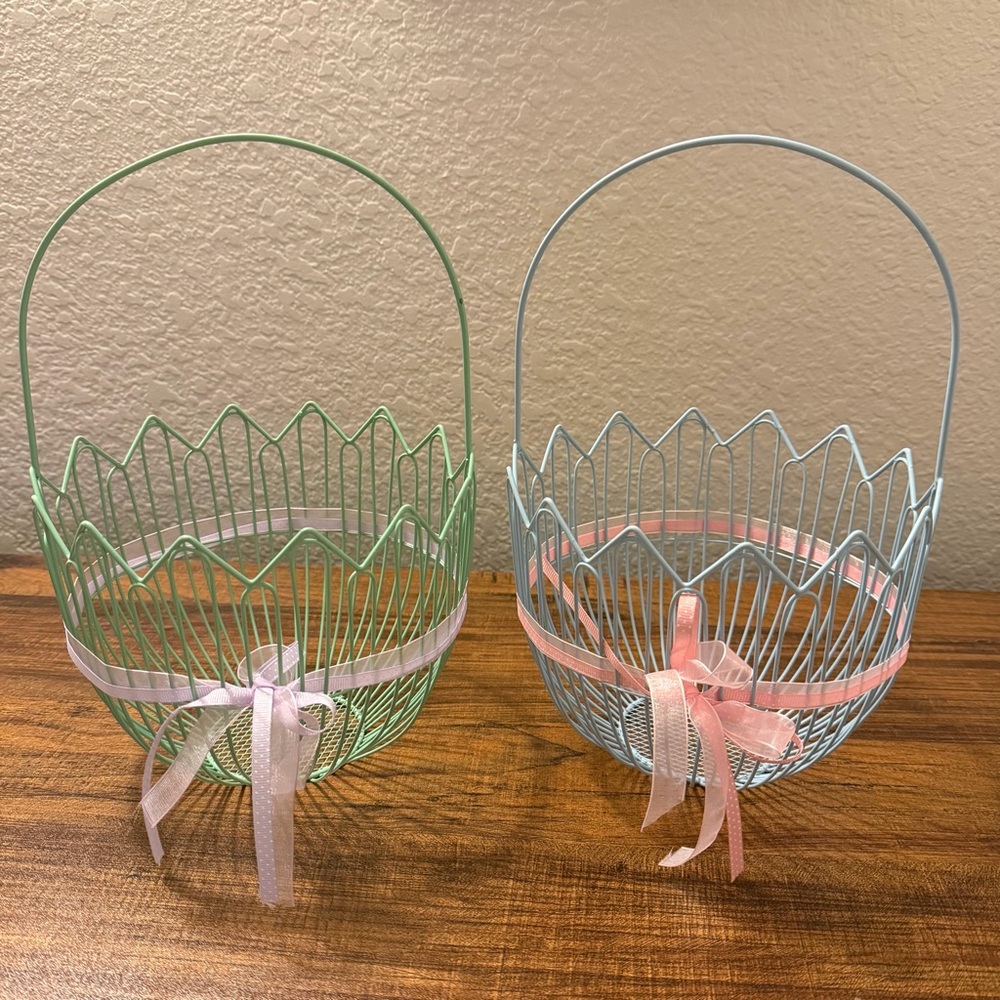 Set of Two Wire Easter Baskets with Ribbons